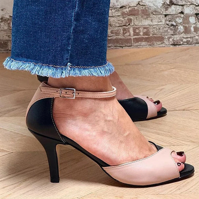 Women's black apricot patchwork peep toe high heels sandals