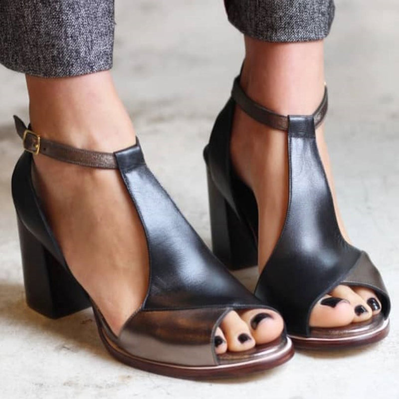 Women's  black brown patchwork peep toe chunky heels sandals