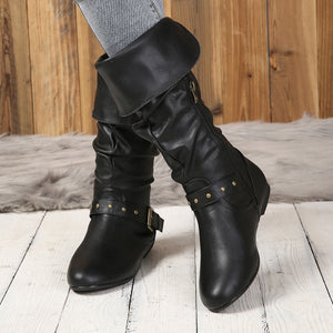 Women's black faux leather slouchy knee high boots with buckles and side zipper