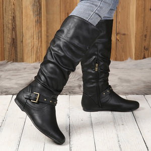 Women's black faux leather slouchy knee high boots with buckles and side zipper