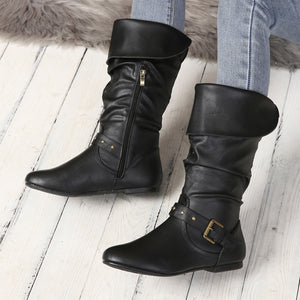 Women's black faux leather slouchy knee high boots with buckles and side zipper