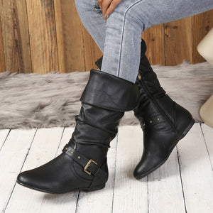 Women's black faux leather slouchy knee high boots with buckles and side zipper