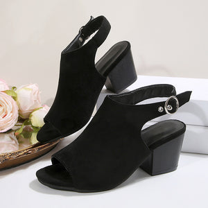 Women's black faux suede peep toe block heels sandals