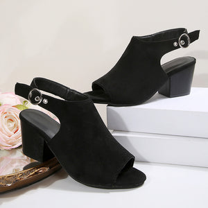 Women's black faux suede peep toe block heels sandals
