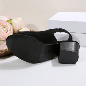 Women's black faux suede peep toe block heels sandals