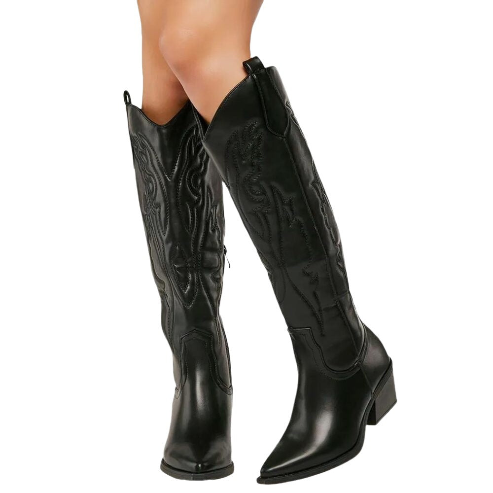 Women's black knee high cowboy boots pointed toe