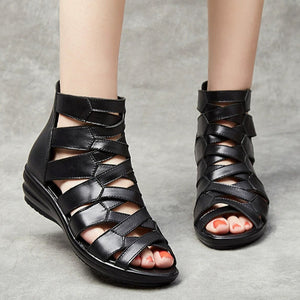 Women's black low wedge heels gladiator sandals with back zipper