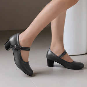 Women's Block Heel Mary Jane Pumps – Round Toe Buckle Strap