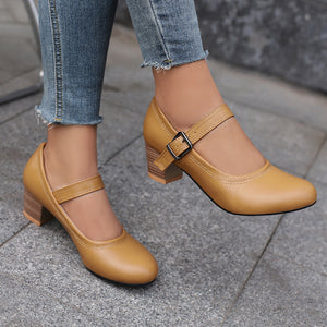 Women's Block Heel Mary Jane Pumps – Round Toe Buckle Strap
