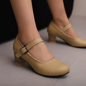 Women's Block Heel Mary Jane Pumps – Round Toe Buckle Strap
