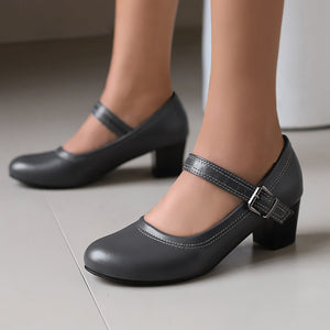 Women's Block Heel Mary Jane Pumps – Round Toe Buckle Strap