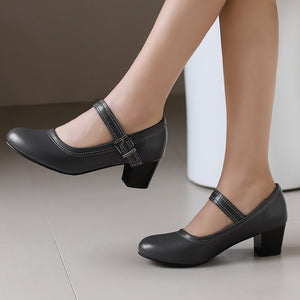 Women's Block Heel Mary Jane Pumps – Round Toe Buckle Strap
