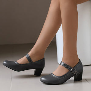 Women's Block Heel Mary Jane Pumps – Round Toe Buckle Strap