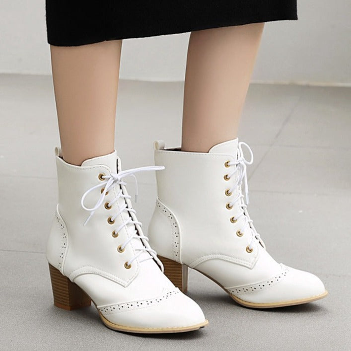 Women's block heels wingtip booties winter classic lace-up ankle boots