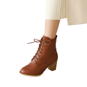 Women's block heels wingtip booties winter classic lace-up ankle boots