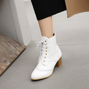 Women's block heels wingtip booties winter classic lace-up ankle boots