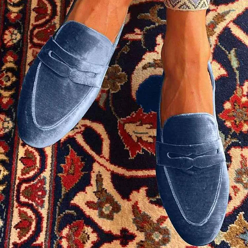 Women's Blue Faux Suede Loafers – Slip-On Apron Toe Style