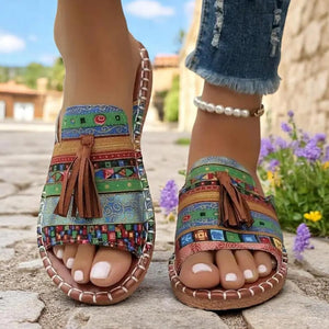 Women's bohemian tribal print tassels slide sandals