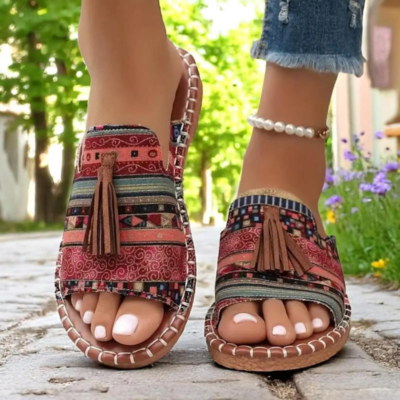 Women's bohemian tribal print tassels slide sandals