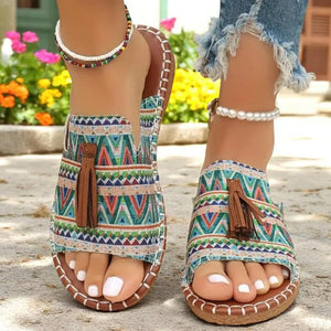 Women's bohemian tribal print tassels slide sandals