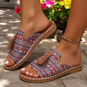 Women's bohemian tribal print tassels slide sandals
