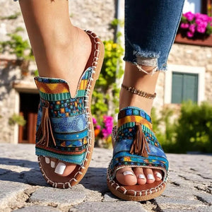 Women's bohemian tribal print tassels slide sandals