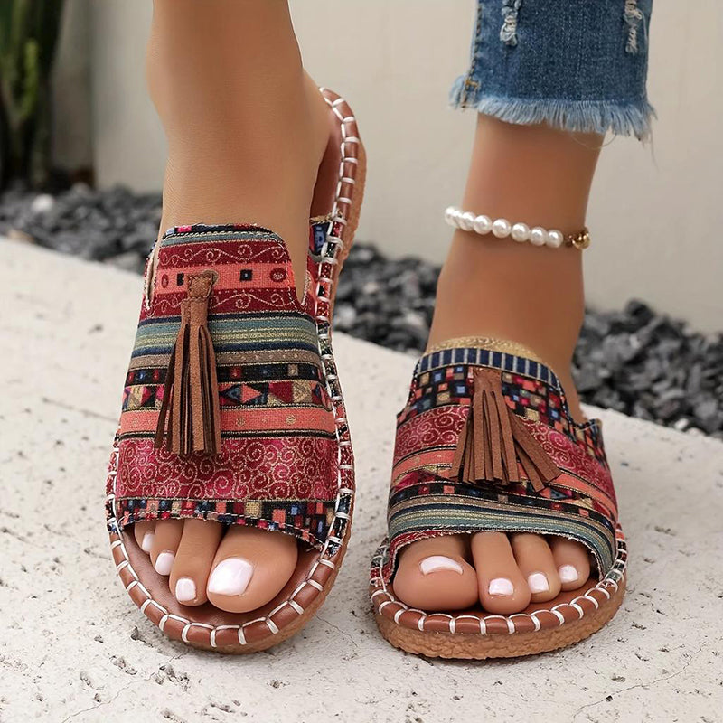 Women's bohemian tribal print tassels slide sandals