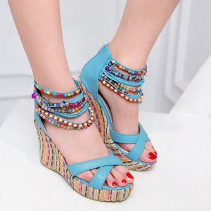 Women's boho wedge sandals with beads across the top