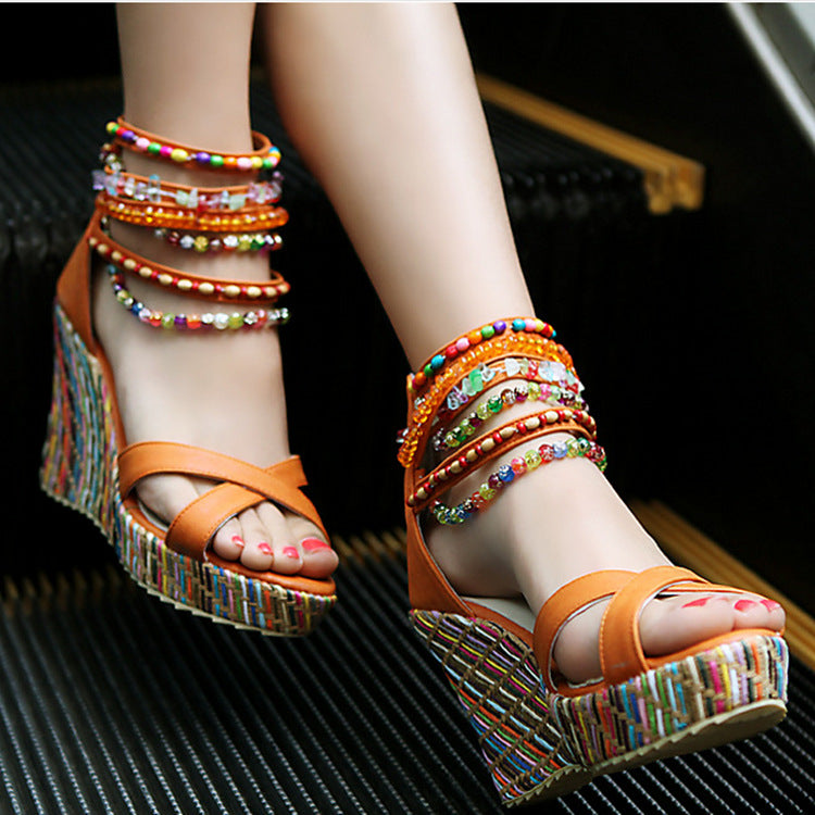 Women's boho wedge sandals with beads across the top