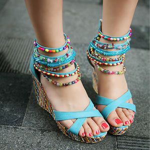 Women's boho wedge sandals with beads across the top