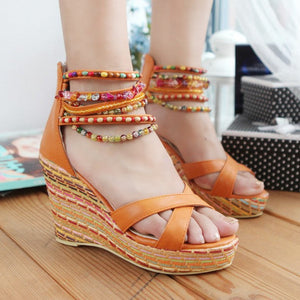 Women's boho wedge sandals with beads across the top