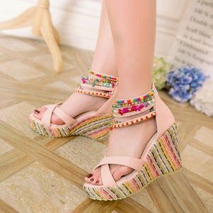 Women's boho wedge sandals with beads across the top