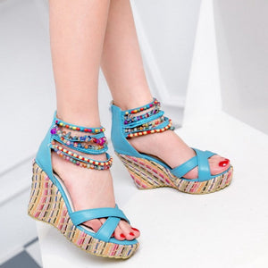 Women's boho wedge sandals with beads across the top