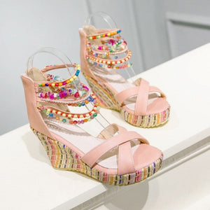 Women's boho wedge sandals with beads across the top