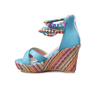 Women's boho wedge sandals with beads across the top