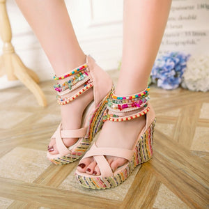 Women's boho wedge sandals with beads across the top