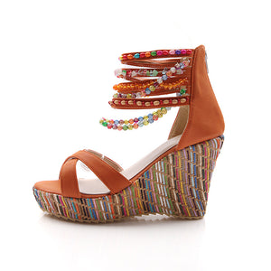 Women's boho wedge sandals with beads across the top