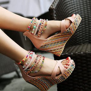 Women's boho wedge sandals with beads across the top