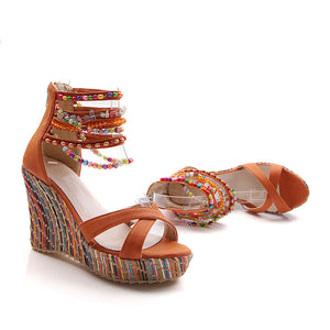 Women's boho wedge sandals with beads across the top