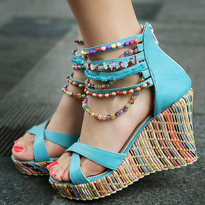 Women's boho wedge sandals with beads across the top