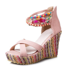 Women's boho wedge sandals with beads across the top