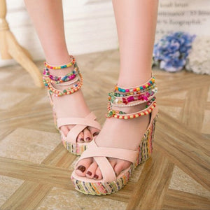 Women's boho wedge sandals with beads across the top