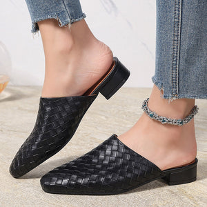 Women's braided woven chunky low heels mules