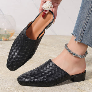 black Women's braided woven chunky low heels mules