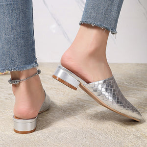 silver Women's braided woven chunky low heels mules