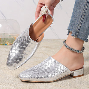 silver Women's braided woven chunky low heels mules