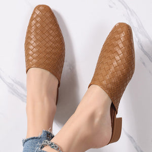 brown Women's braided woven chunky low heels mules