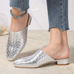 Women's braided woven chunky low heels mules