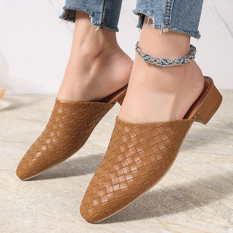 Women's braided woven chunky low heels mules