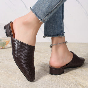 Women's braided woven chunky low heels mules
